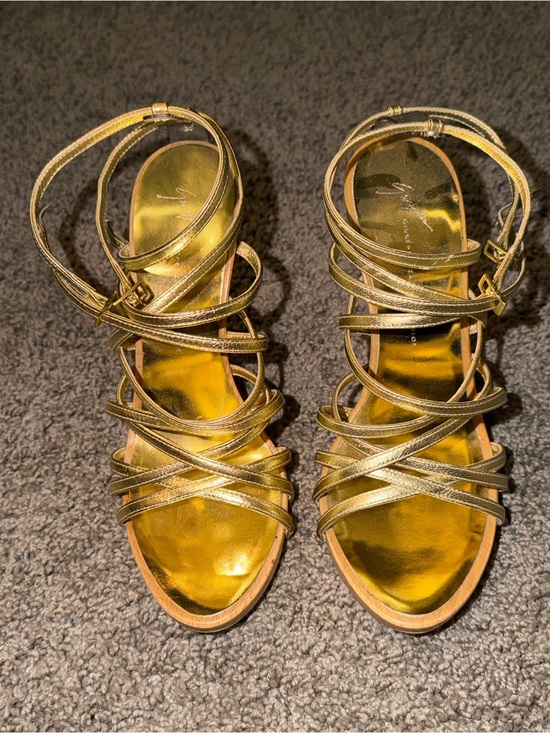 Giuseppe Zanotti Shoes - Giuseppe Zanotti Gold Leather Strappy Wood Wedge Sandals Vintage